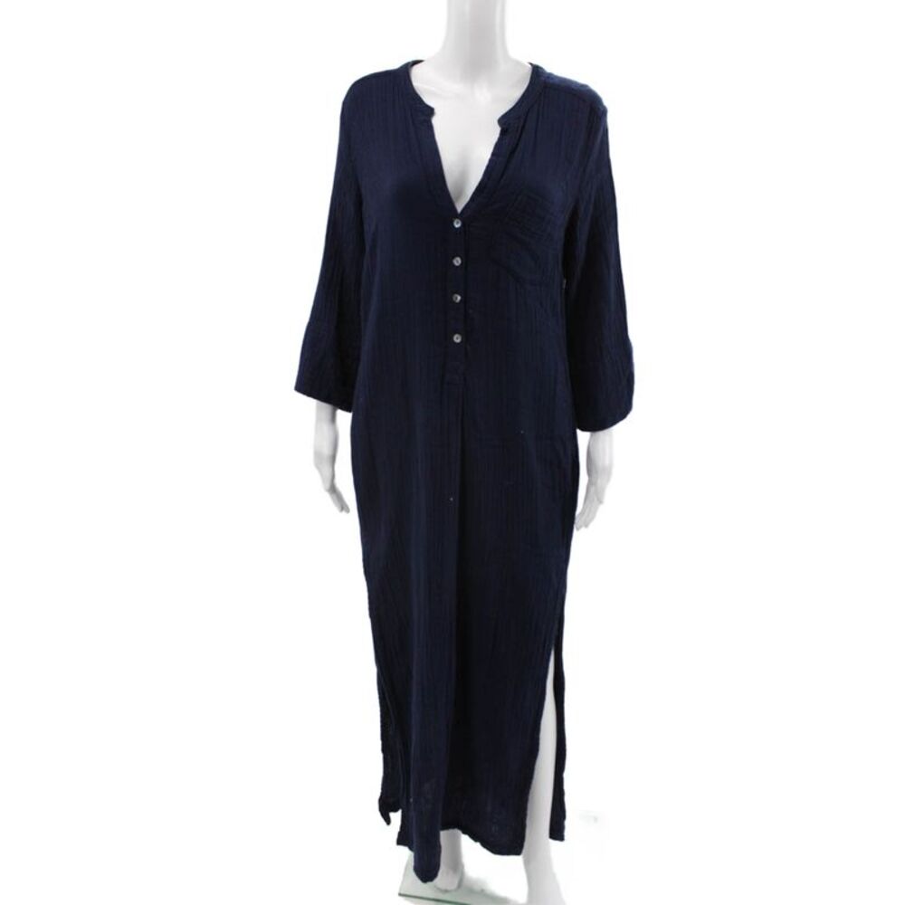 Everyday Ritual Women Shirt Dress Blue Cotton V-Neck 3/4 Sleeve Button Size XS
